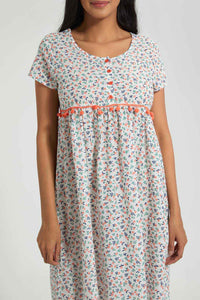 Ivory Floral Nightgown With Pom Pom