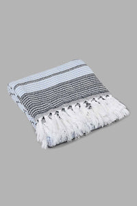 Redtag-White/Navy-Geometric-Throw-With-Tassel-Throws-Home-Bedroom-