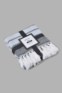 Redtag-White/Navy-Geometric-Throw-With-Tassel-Throws-Home-Bedroom-