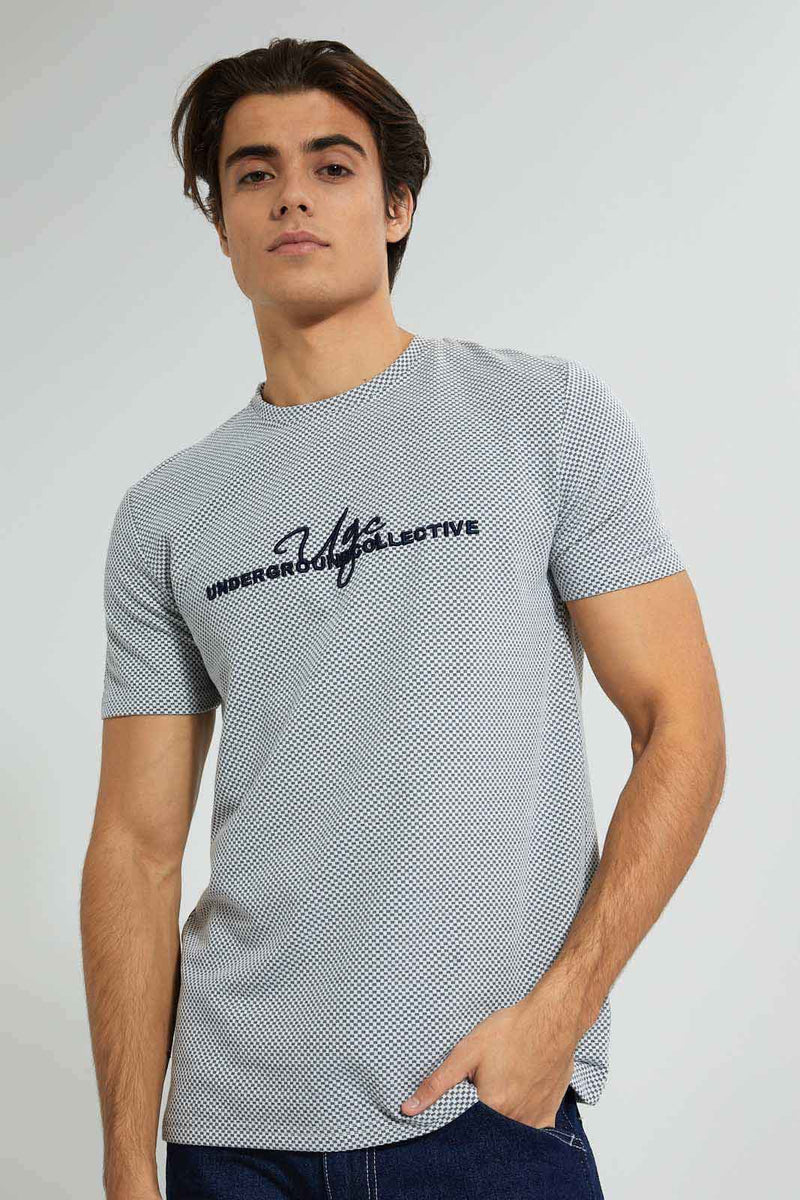 Redtag-Grey-Textured-T-Shirt-Graphic-Prints-Men's-