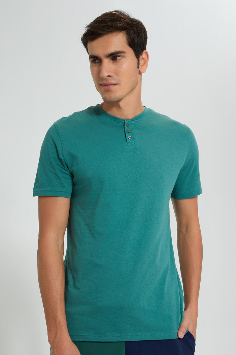 Redtag-Teal-Henley-T-Shirt-Graphic-Prints-Men's-