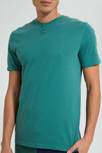 Load image into Gallery viewer, Redtag-Teal-Henley-T-Shirt-Graphic-Prints-Men&#39;s-
