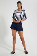 Load image into Gallery viewer, Redtag-White/Blue-Short-Sleeve-Yarn-Dyed-With-Terry-Short-Cami-Sets-Women&#39;s-
