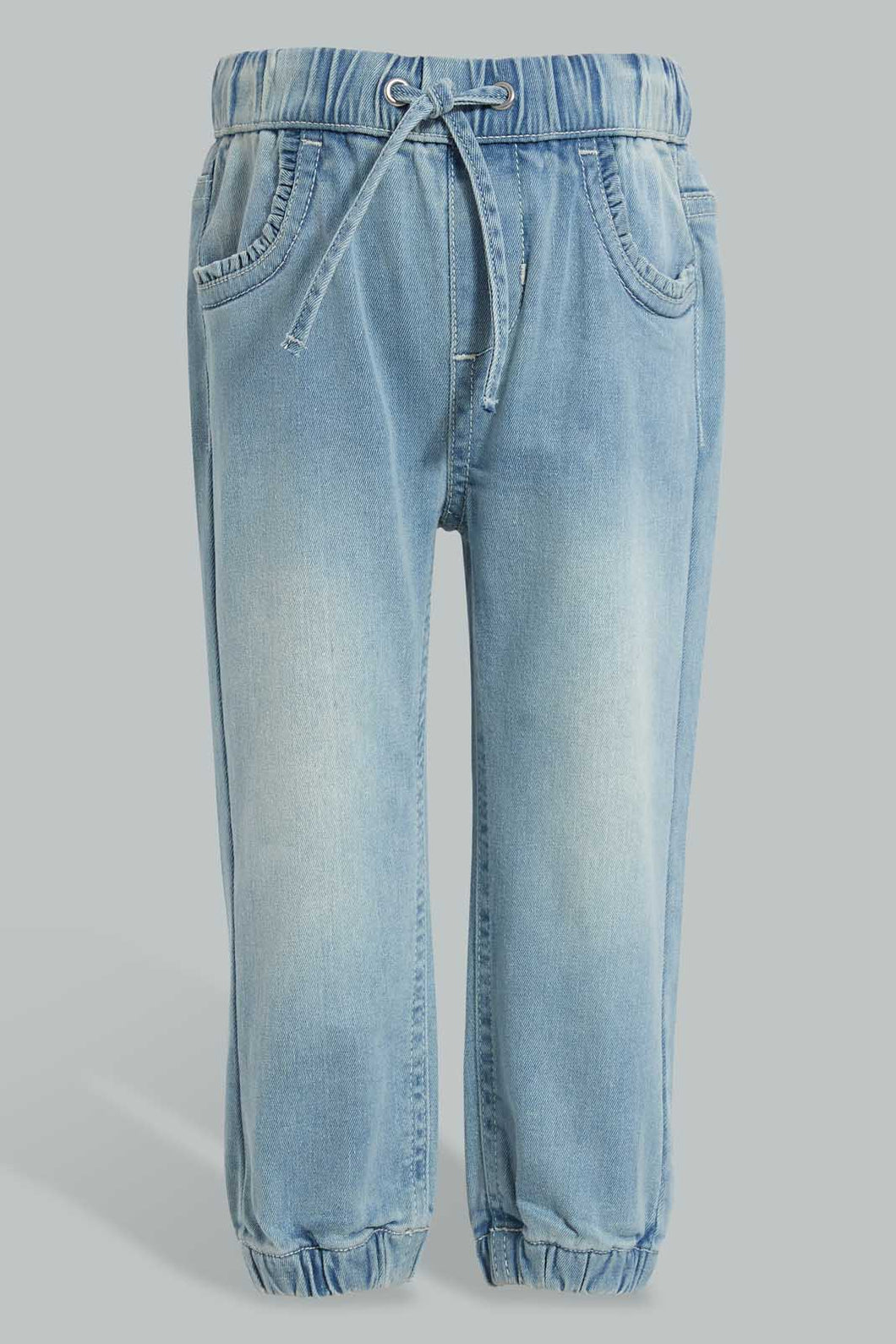 Redtag-Lightwash-Jogger-With-Knot-Details-Jeans-Regular-Fit-Infant-Girls-3 to 24 Months