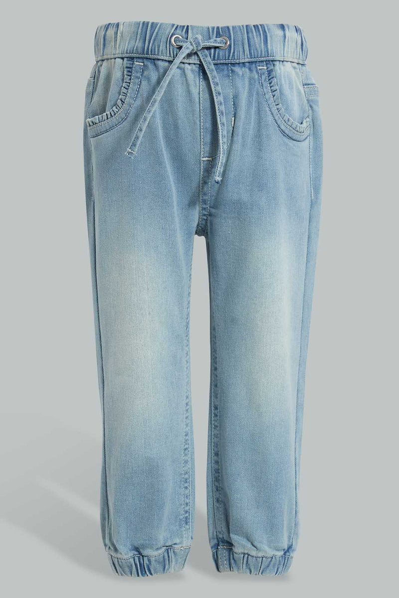 Redtag-Lightwash-Jogger-With-Knot-Details-Jeans-Regular-Fit-Infant-Girls-3 to 24 Months