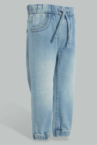 Redtag-Lightwash-Jogger-With-Knot-Details-Jeans-Regular-Fit-Infant-Girls-3 to 24 Months