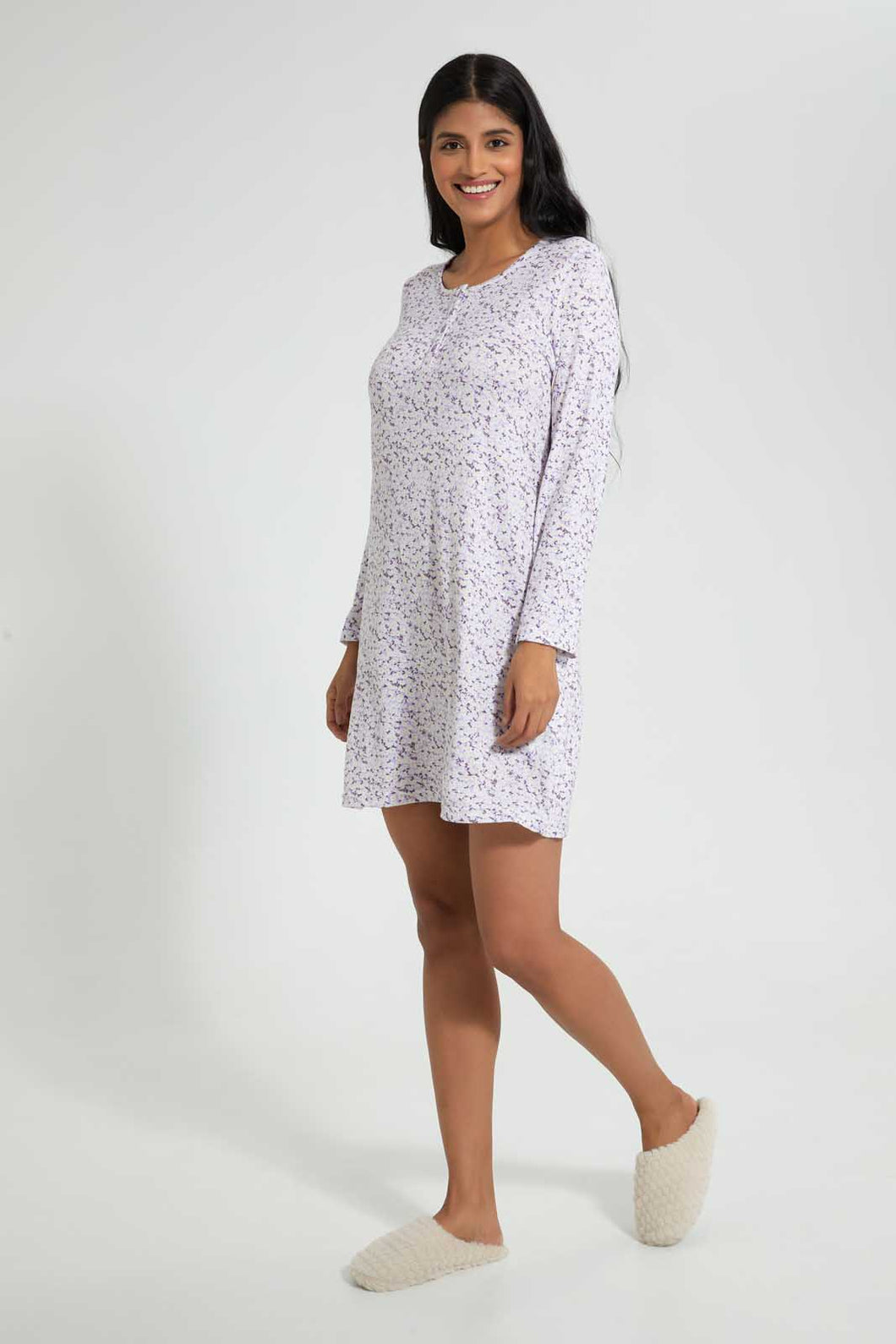 Redtag-Pale-Pink-Floral-Printed-Nightshirt-With-Placket-Nightshirts-Women's-