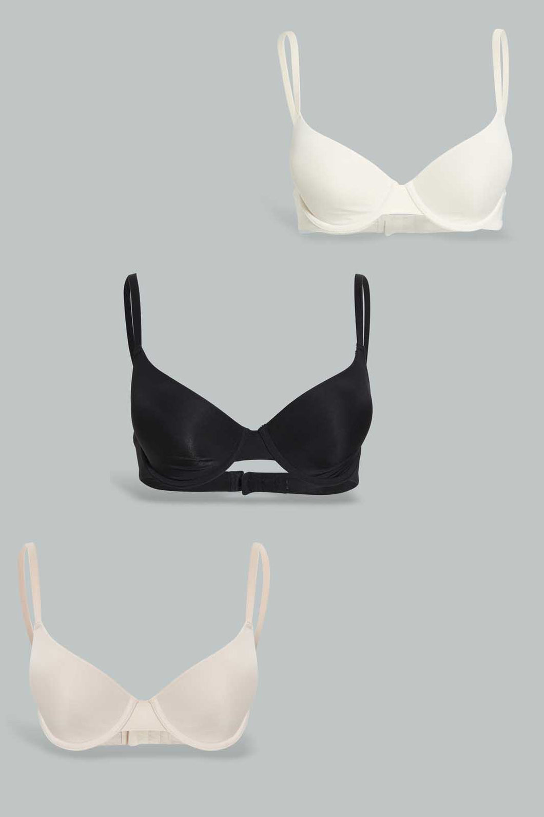 Redtag-Black/Beige/White-Plain-Plunge-Bra-(3-Pack)-Plunge-Bras-Women's-
