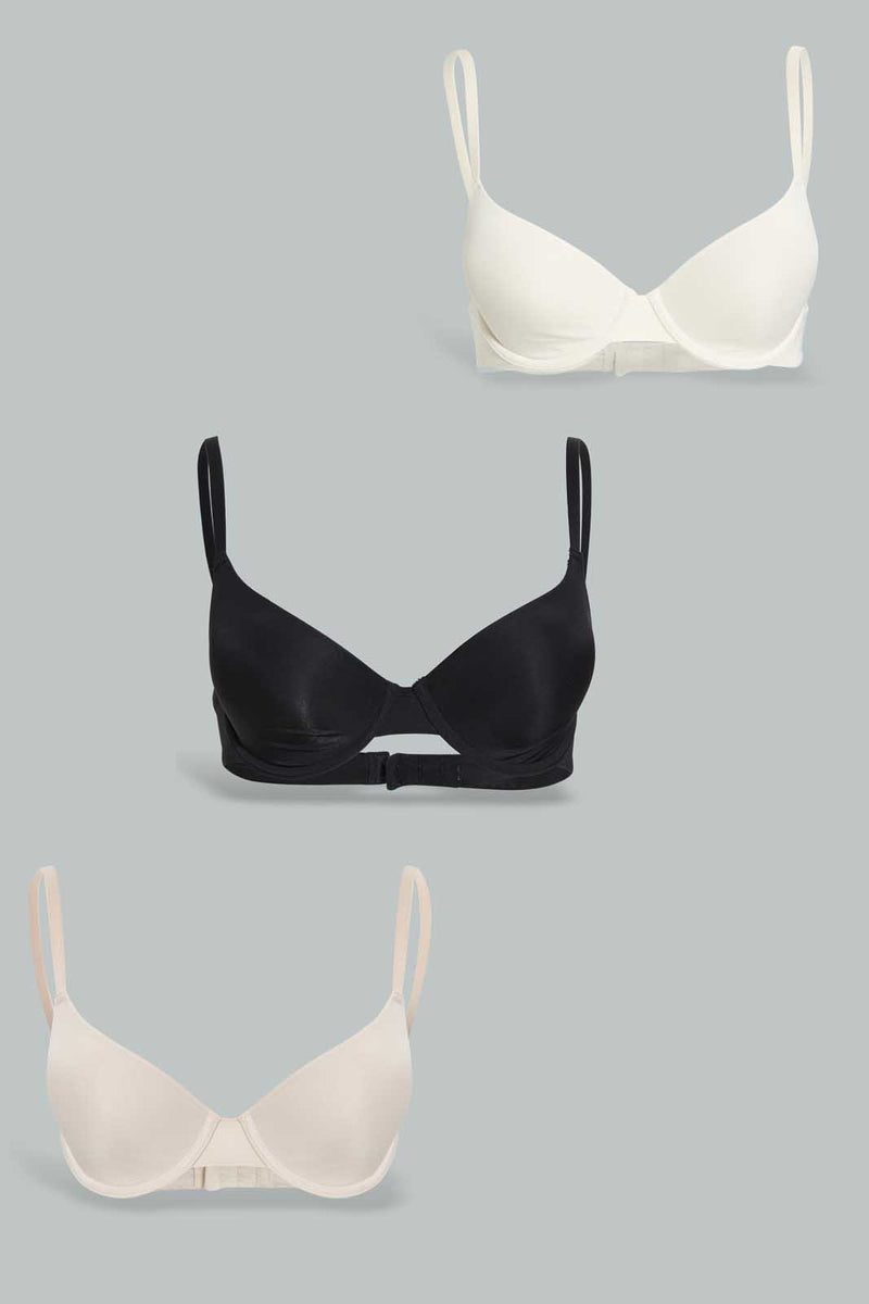 Redtag-Black/Beige/White-Plain-Plunge-Bra-(3-Pack)-Plunge-Bras-Women's-