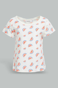 Redtag-White-Aop-Top-With-Denim-Dungree-Sets-Infant-Girls-3 to 24 Months