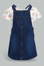 تنزيل الصورة على معرض الصور، Redtag-White-Aop-Top-With-Denim-Dungree-Sets-Infant-Girls-3 to 24 Months
