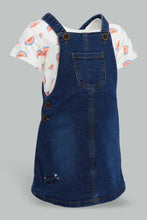 تنزيل الصورة على معرض الصور، Redtag-White-Aop-Top-With-Denim-Dungree-Sets-Infant-Girls-3 to 24 Months
