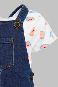 Redtag-White-Aop-Top-With-Denim-Dungree-Sets-Infant-Girls-3 to 24 Months