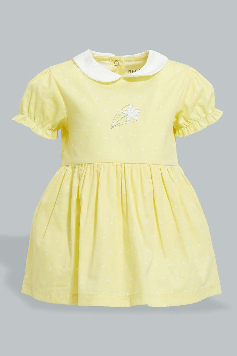 Redtag-Yellow-Peterpan-Collar-Embroidery-Dress-Dresses-Baby-0 to 12 Months