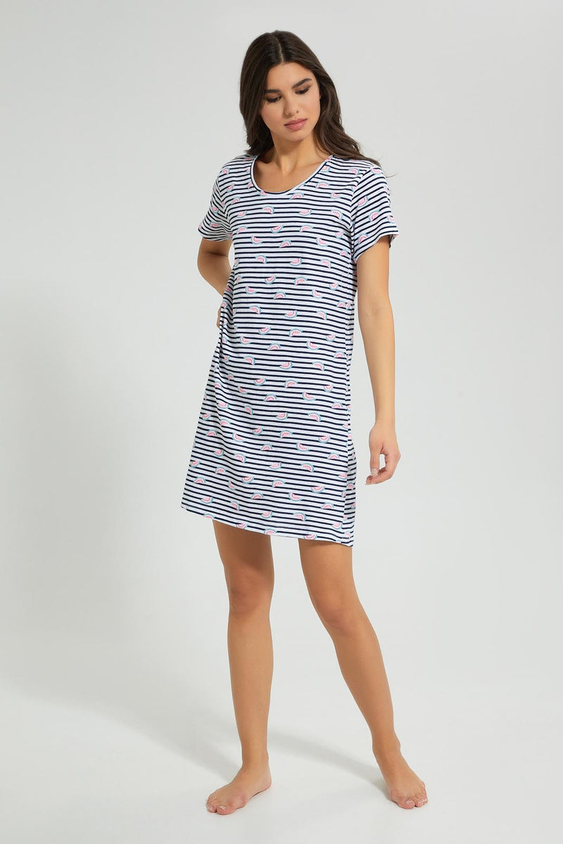 Redtag-White/Navy-Stripe-Printed-Nightshirt-Colour:White,-Filter:Women's-Clothing,-New-In,-New-In-Women,-Non-Sale,-S22A,-Section:Women,-Women-Nightshirts-Women's-