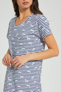 Redtag-White/Navy-Stripe-Printed-Nightshirt-Colour:White,-Filter:Women's-Clothing,-New-In,-New-In-Women,-Non-Sale,-S22A,-Section:Women,-Women-Nightshirts-Women's-