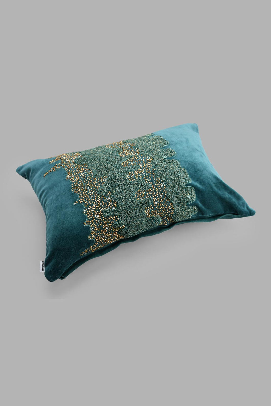 Redtag-Teal-Beaded-Cushion-With-Taasles-Cushions-Home-Bedroom-