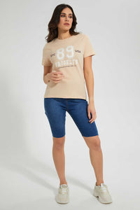 Redtag-Beige-Oversized-Printed-Tee-Plain-Women's-