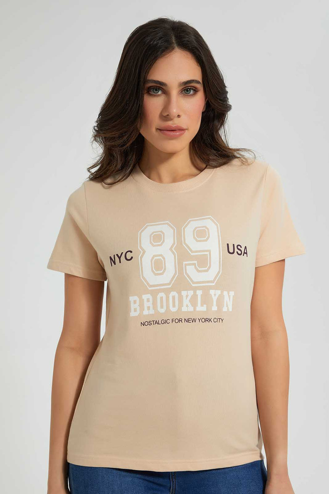 Redtag-Beige-Oversized-Printed-Tee-Plain-Women's-