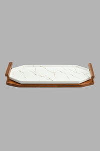 Redtag-White-Marble-Pattern-Platter-With-Wooden-Stand-Platter-Home-Dining-