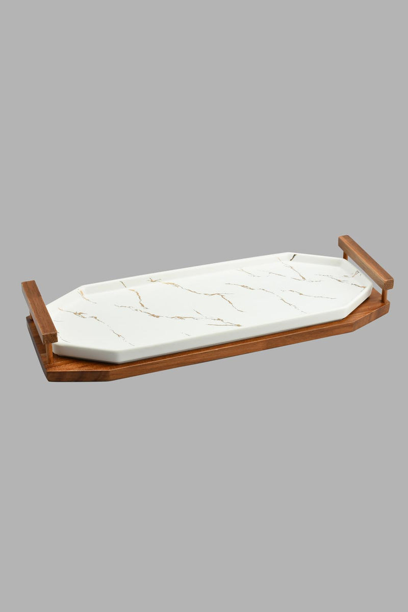 Redtag-White-Marble-Pattern-Platter-With-Wooden-Stand-Platter-Home-Dining-