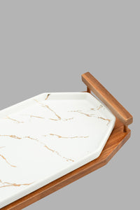 Redtag-White-Marble-Pattern-Platter-With-Wooden-Stand-Platter-Home-Dining-