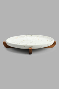 Redtag-White-Marble-Pattern-Oval-Platter-With-Wooden-Stand-Platter-Home-Dining-