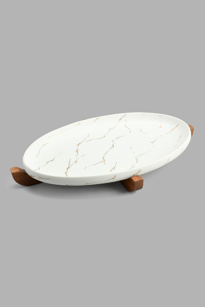 Redtag-White-Marble-Pattern-Oval-Platter-With-Wooden-Stand-Platter-Home-Dining-