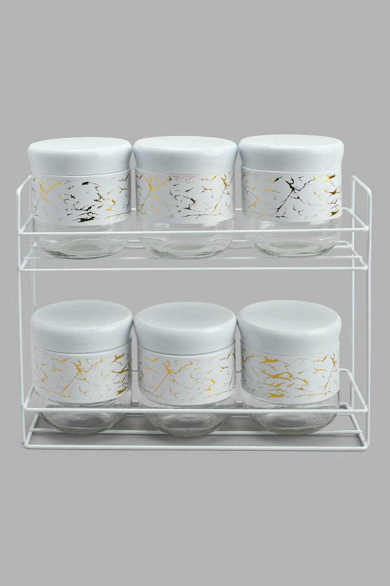 Redtag-White-Marbl-Pattern-Glass-Storage-Jar-Set-With-Metal-Stand-(6-Piece)-Storage-Home-Dining-