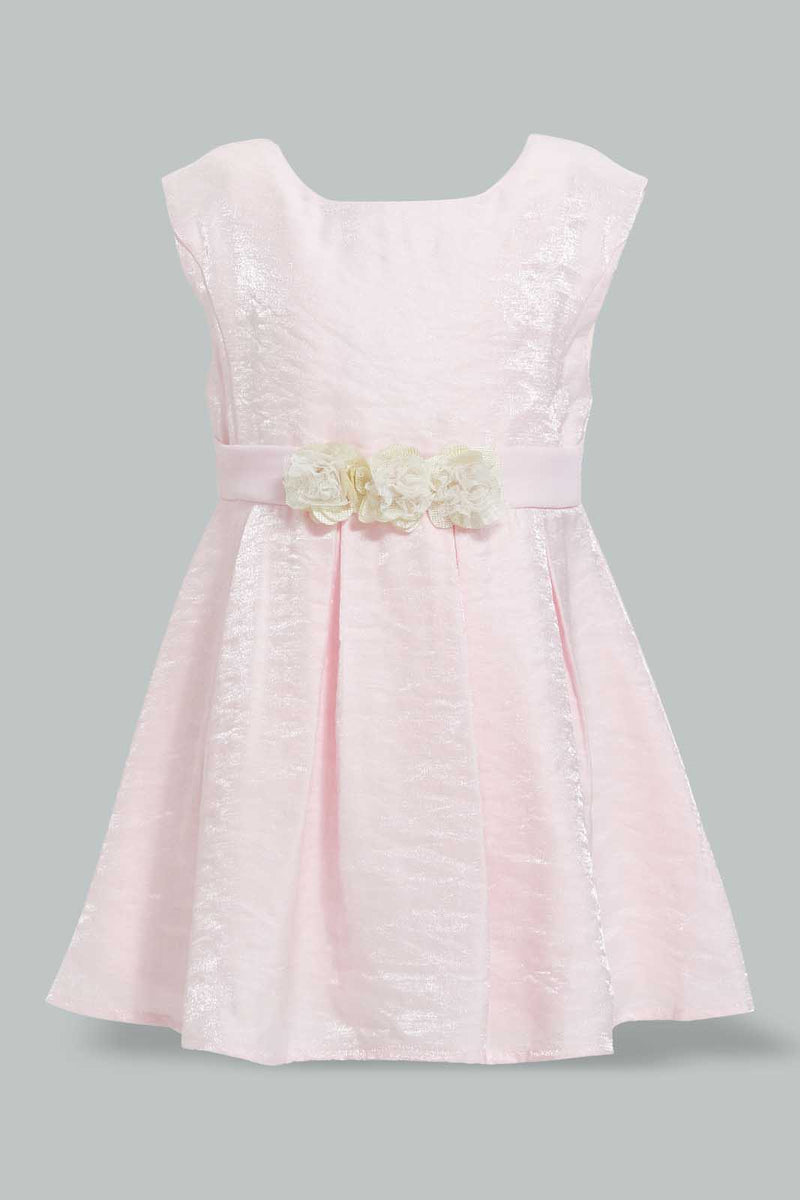 Redtag-Pink-Satin-Sleeveless-Flower-Belt-Dress-Dresses-Infant-Girls-3 to 24 Months