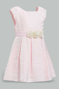 Redtag-Pink-Satin-Sleeveless-Flower-Belt-Dress-Dresses-Infant-Girls-3 to 24 Months