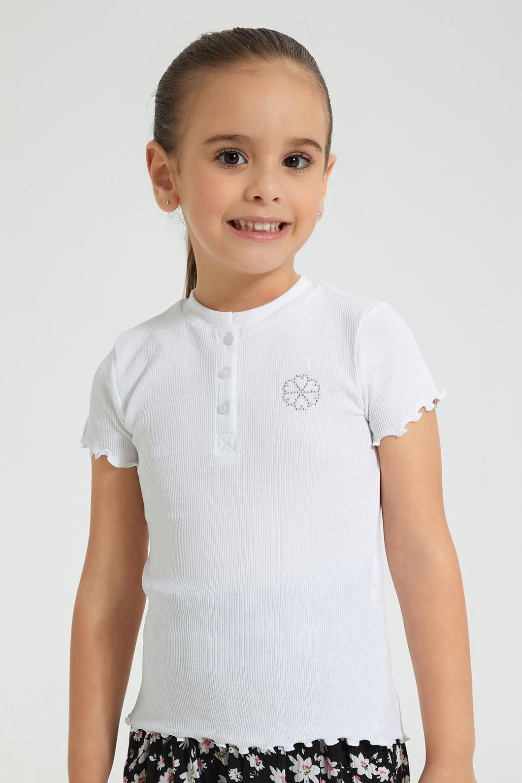 Redtag-White-Short-Sleeve-T-Shirt-With-Half-Placket-Colour:White,-Filter:Girls-(2-to-8-Yrs),-Girls-T-Shirts,-New-In,-New-In-GIR,-Non-Sale,-S22B,-Section:Kidswear,-TBL-Girls-2 to 8 Years