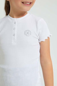 Redtag-White-Short-Sleeve-T-Shirt-With-Half-Placket-Colour:White,-Filter:Girls-(2-to-8-Yrs),-Girls-T-Shirts,-New-In,-New-In-GIR,-Non-Sale,-S22B,-Section:Kidswear,-TBL-Girls-2 to 8 Years