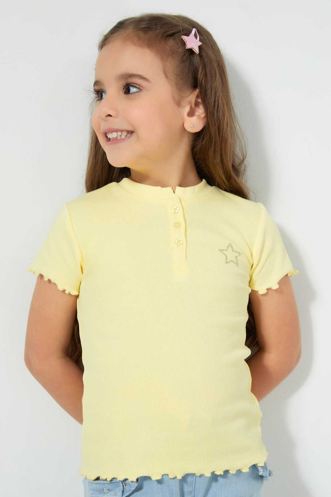 Redtag-Pale-Yellow-Short-Sleeve-T-Shirt-With-Half-Placket-Blouses-Girls-2 to 8 Years