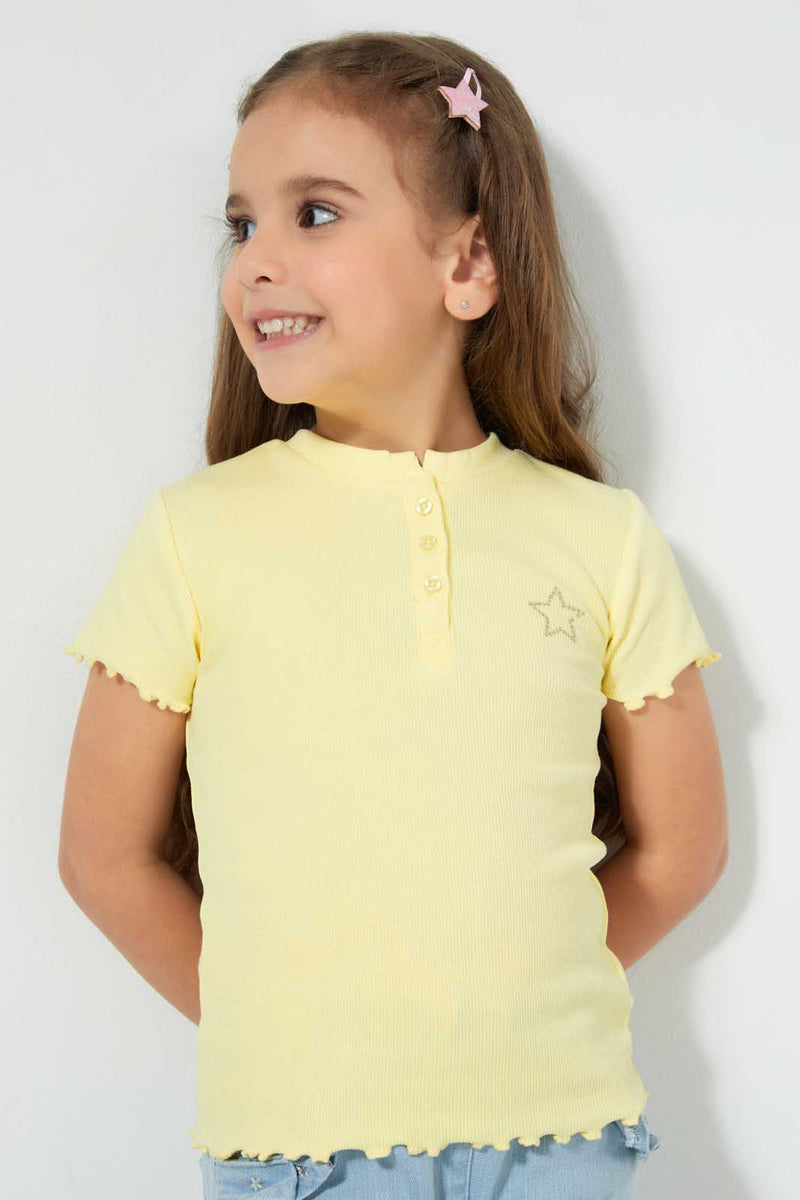Redtag-Pale-Yellow-Short-Sleeve-T-Shirt-With-Half-Placket-Blouses-Girls-2 to 8 Years