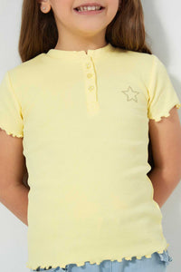 Redtag-Pale-Yellow-Short-Sleeve-T-Shirt-With-Half-Placket-Blouses-Girls-2 to 8 Years