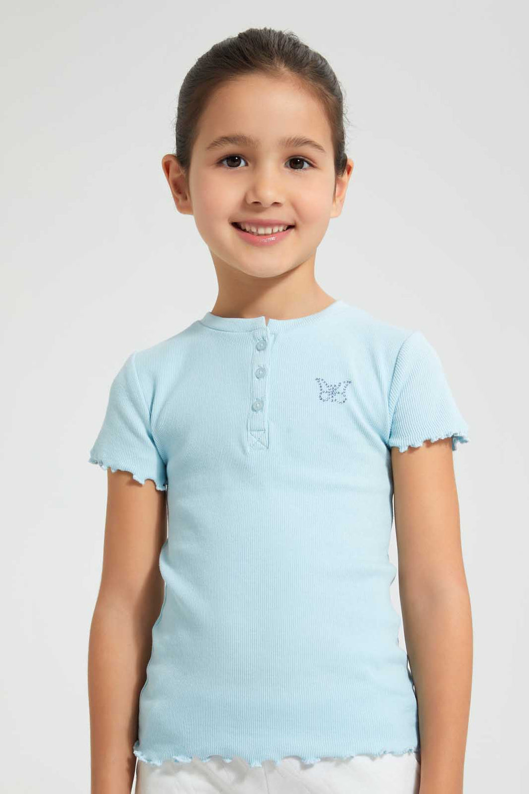 Redtag-Sky-Blue-Short-Sleeve-T-Shirt-With-Half-Placket-Blouses-Girls-2 to 8 Years