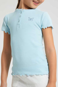 Redtag-Sky-Blue-Short-Sleeve-T-Shirt-With-Half-Placket-Blouses-Girls-2 to 8 Years