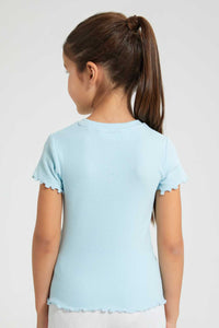 Redtag-Sky-Blue-Short-Sleeve-T-Shirt-With-Half-Placket-Blouses-Girls-2 to 8 Years