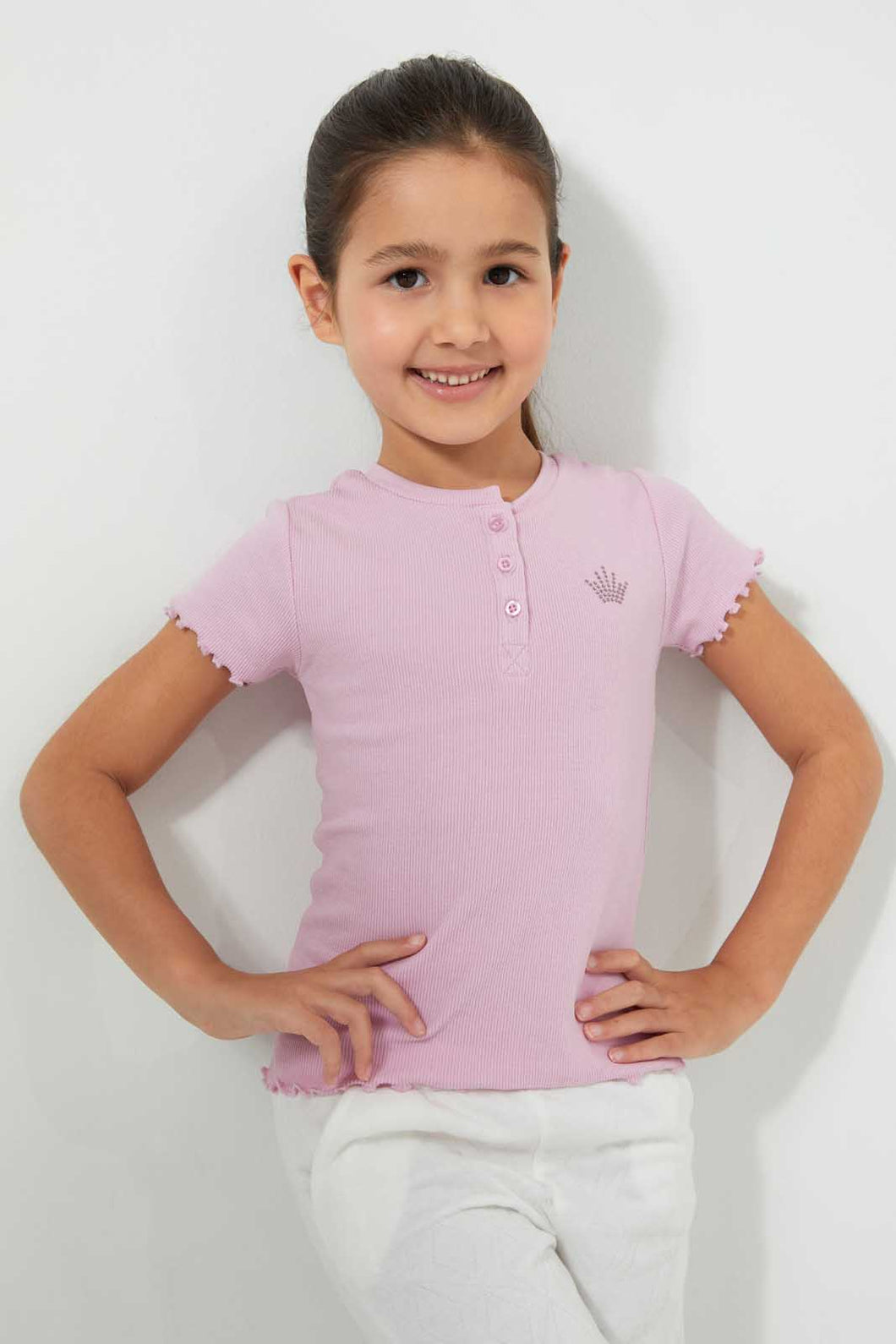 Redtag-Purple-Short-Sleeve-T-Shirt-With-Half-Placket-Blouses-Girls-2 to 8 Years