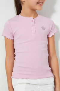 Redtag-Purple-Short-Sleeve-T-Shirt-With-Half-Placket-Blouses-Girls-2 to 8 Years