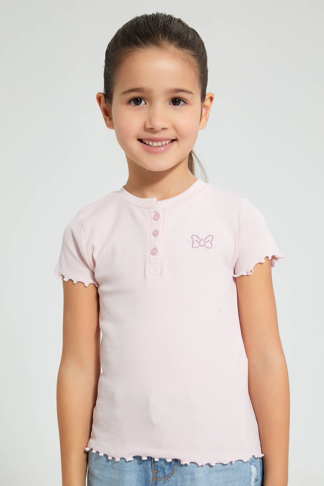 Redtag-Pink-Short-Sleeve-T-Shirt-With-Half-Placket-Plain-Girls-2 to 8 Years