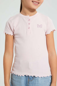 Redtag-Pink-Short-Sleeve-T-Shirt-With-Half-Placket-Plain-Girls-2 to 8 Years