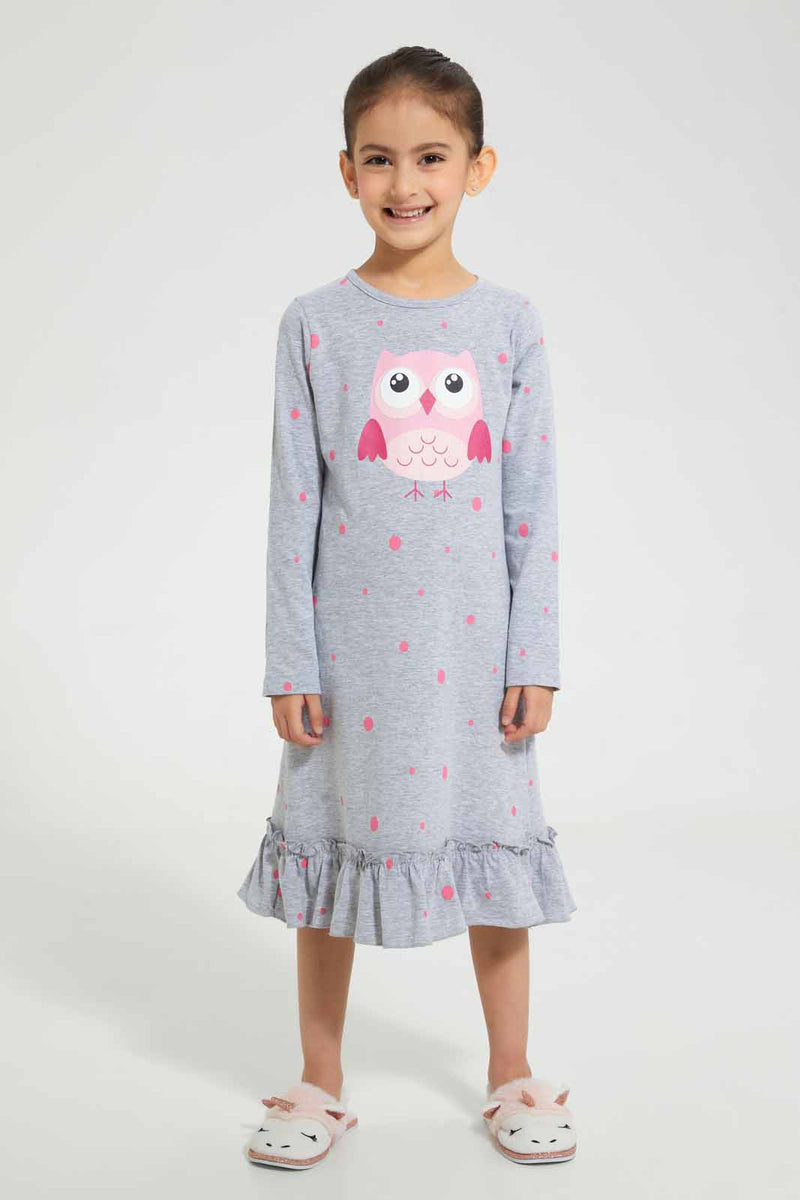 Redtag-Girl-Owl-Placement-Print-&-Aop-Nightshirt-Nightshirts-Girls-2 to 8 Years