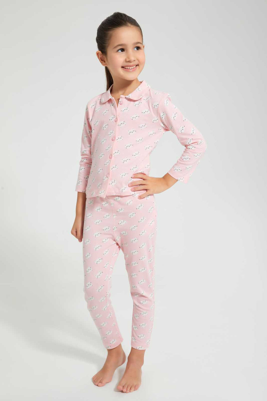Redtag-Aop-Front-Opened-Long-Sleeve-Pyjama-Sets-Pyjama-Sets-Girls-2 to 8 Years