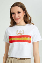 تنزيل الصورة على معرض الصور، Redtag-White-Crop-T-Shirt-With-Artwork-All-Over-Prints-Women&#39;s-
