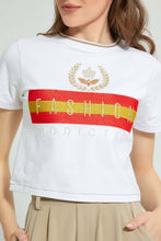 تنزيل الصورة على معرض الصور، Redtag-White-Crop-T-Shirt-With-Artwork-All-Over-Prints-Women&#39;s-
