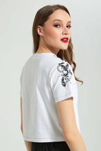 تنزيل الصورة على معرض الصور، Redtag-White-Crop-T-Shirt-With-Embroidery-All-Over-Prints-Women&#39;s-
