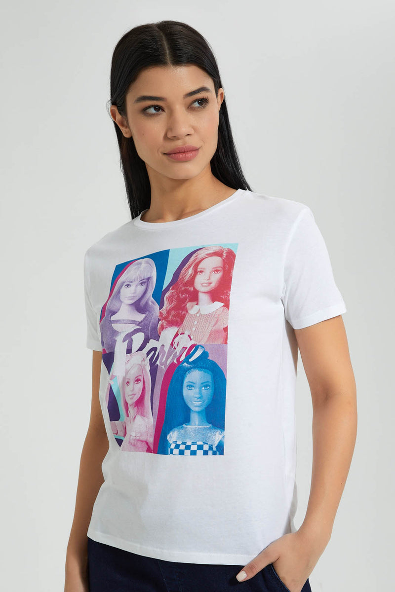 Redtag-White-Barbie-Print-T-Shirt-Colour:White,-Filter:Women's-Clothing,-New-In,-New-In-Women,-Non-Sale,-S22B,-Section:Women,-Women-T-Shirts-Women's-