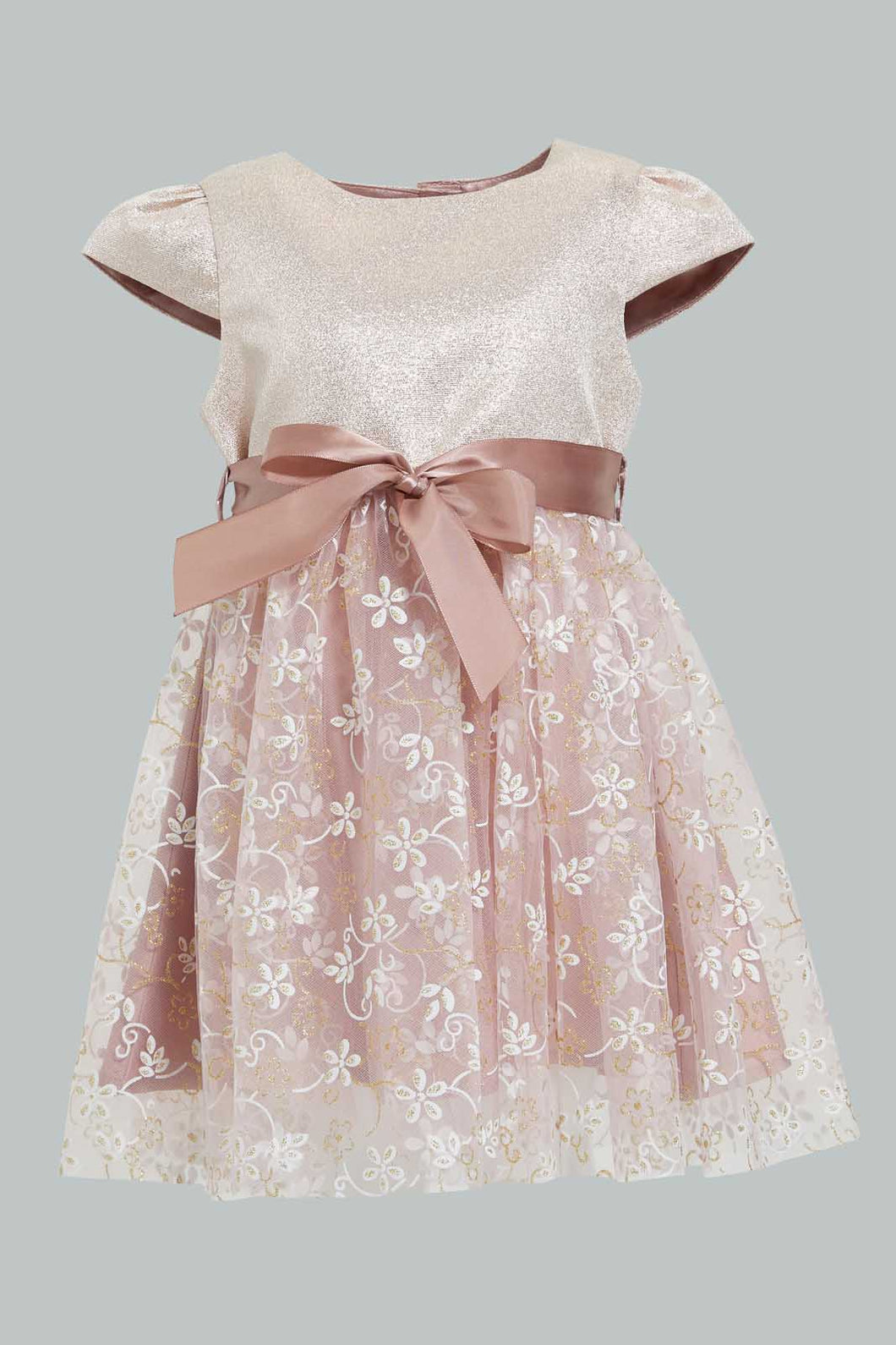 Redtag-Coral-Flower-Artwork-Printed-Mesh-Dress-Dresses-Infant-Girls-3 to 24 Months